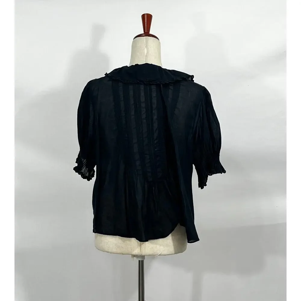 Doen Henri Black Ruffle Short Sleeve Blouse